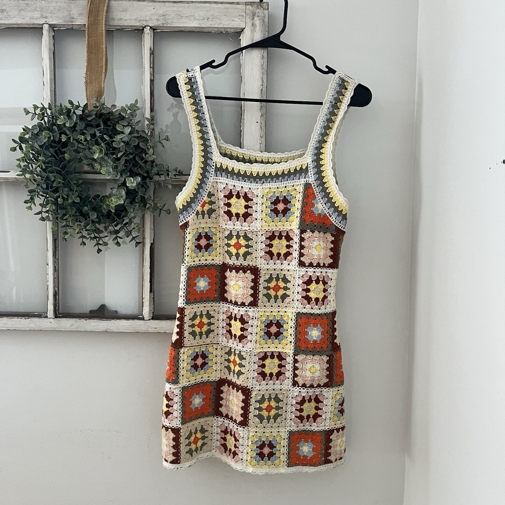 New In Hand Crocheted Patchwork Knit Women's M/L Granny 70s Boho Vibes